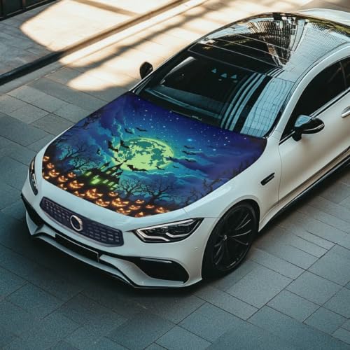 Image of Haunted House Night Sky Print Car Hood Cover Stretchable Auto Hood Wrap Blankets Waterproof Automotive Halloween Outdoor Decorations for Compact Sedans SUV Trucks Van