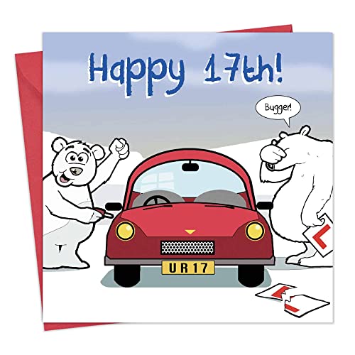 Twizler Funny Birthday Card with Polar Bear, Car and Ripped Learner Plates – 17th Birthday Card – Humour Card - Age 17 Birthday Card - Funny Card