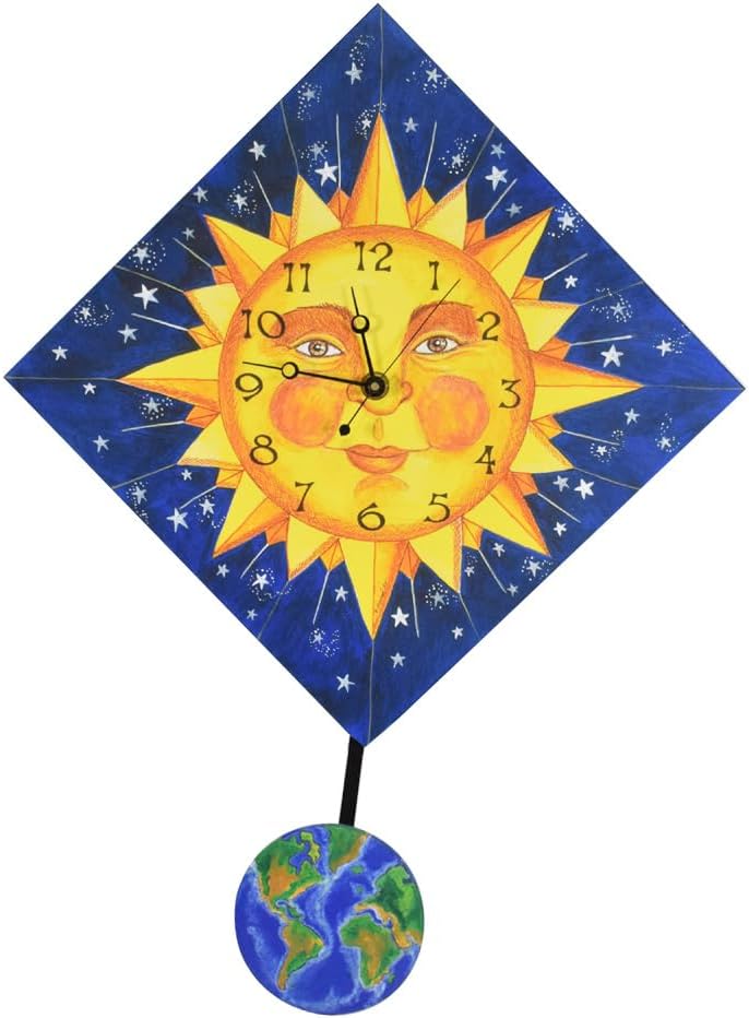 Sun Face Diamond-Shape Wall Wall Clock with Earth Pendulum, 19" x 14", Made in The USA