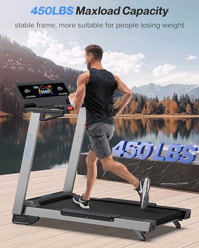Image of WELLFIT Treadmill for Home, 2 Level Incline Heavy Duty Treadmills | 450 lbs Capacity, 4.0 HP, 10 MPH, 20 inch x 45 inch Wide Belt Treadmill with Pulse Sensor, Bluetooth Player & Large LED Display