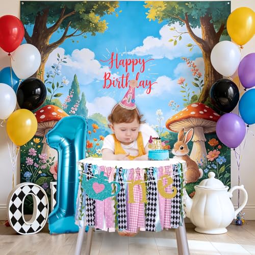 Image of Welcome to Onederland Highchair Banner for First Birthday Party Decorations | Teapot Onederland High Chair Banner for Girls Alice in Wonderland 1st Birthday Backdrop Decors Baby Shower Party Supplies