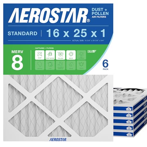 Aerostar 16x25x1 MERV 8 Air Filter, 6 Count, ACTUAL SIZE (15.75 x 24.7
