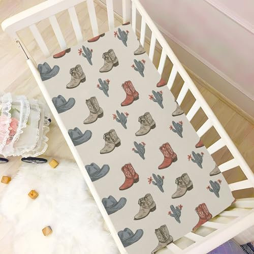 Image of Western Cowboy Boots Vintage Crib Sheets Soft Breathable Fitted Baby Crib Sheets Mattress Cover for Girls Boys, 52 inch x 28 inch x 9 inch