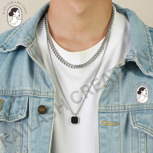 Image of Men's Stainless Steel Pendant Chain | Anti-Tarnish Silver Geometric Pendant Chain with Black Enamel Locket | Premium Stylish Neck Chain for Boys & Men | Durable Daily Wear Jewellery Gift for brother, Boyfriend and Husband