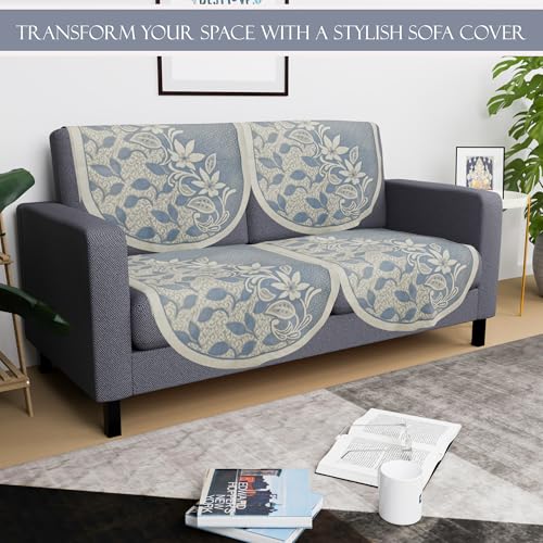 Image of Kuber Industries 2 Seater Cotton Sofa Cover /Slip Cover | Set of 4 Pieces | Removable & Washable Sofa Set Cover for Living Room -Floral Blue