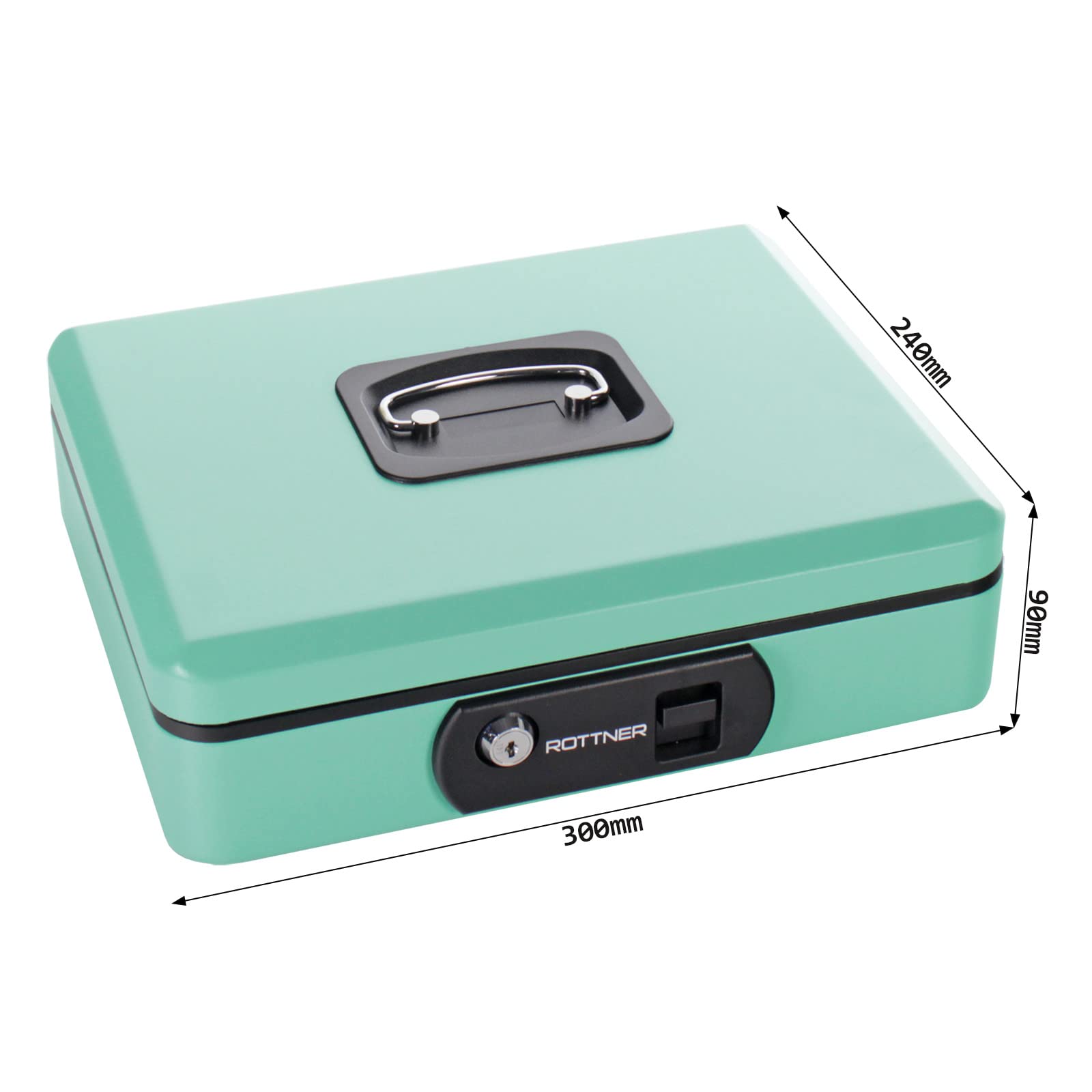 Rottner cassetta portavalori Pro Box Two turchese, serratura a cilindro con 2 chiavi, (LxHxP) 30 x 9 x 24 cm, con scomparto per contanti nero, maniglia per trasporto retrattile