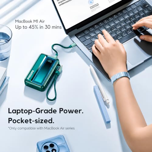 Image of Philips DLP2721NC /94 20000mAh 45W Fast Charging Power Bank with Built-in Type-C Cable (Chrystal Teal) | Digital LED Display | Lithium Polymer | 2 Type-C & USB-A | Pocket Size | Travel-Friendly