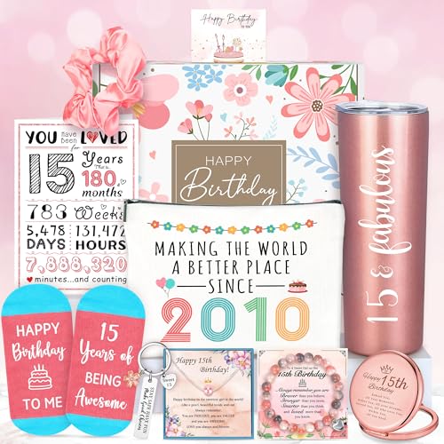 15 Year Old Girl Birthday Gifts for 15 Year Old Girl Gift Ideas Happy 15th Birthday Gifts for Teen Girls Sweet 10th Decoration Present Set with Tumbler Socks Makeup Bag Poster Mirror Headband Keychain