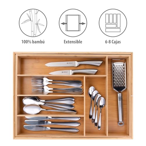 Miniatura 3 de Alpina Organizador Cajones - Cubertos Para Cajon Cocina Extensible 46x34-56,5x6 Cm - Caja Organizadora Para Utensilios Hasta 8 Compartimentos - Para Utensilios De Cocina, Gafas De Sol Y Más - Bambú