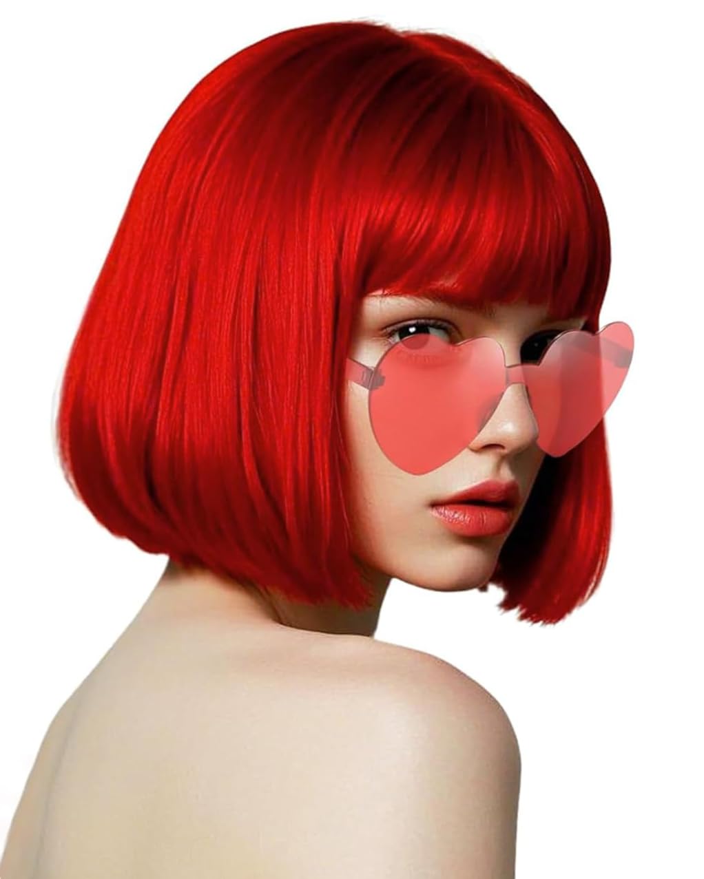 PORSMEER Short Bob Red Wig and Sunglasses 12 Inch Straight Colorful Hair Wigs with Fringe for Women Unisex for Halloween Costume Cosplay Party Tourism+ Wig Cap