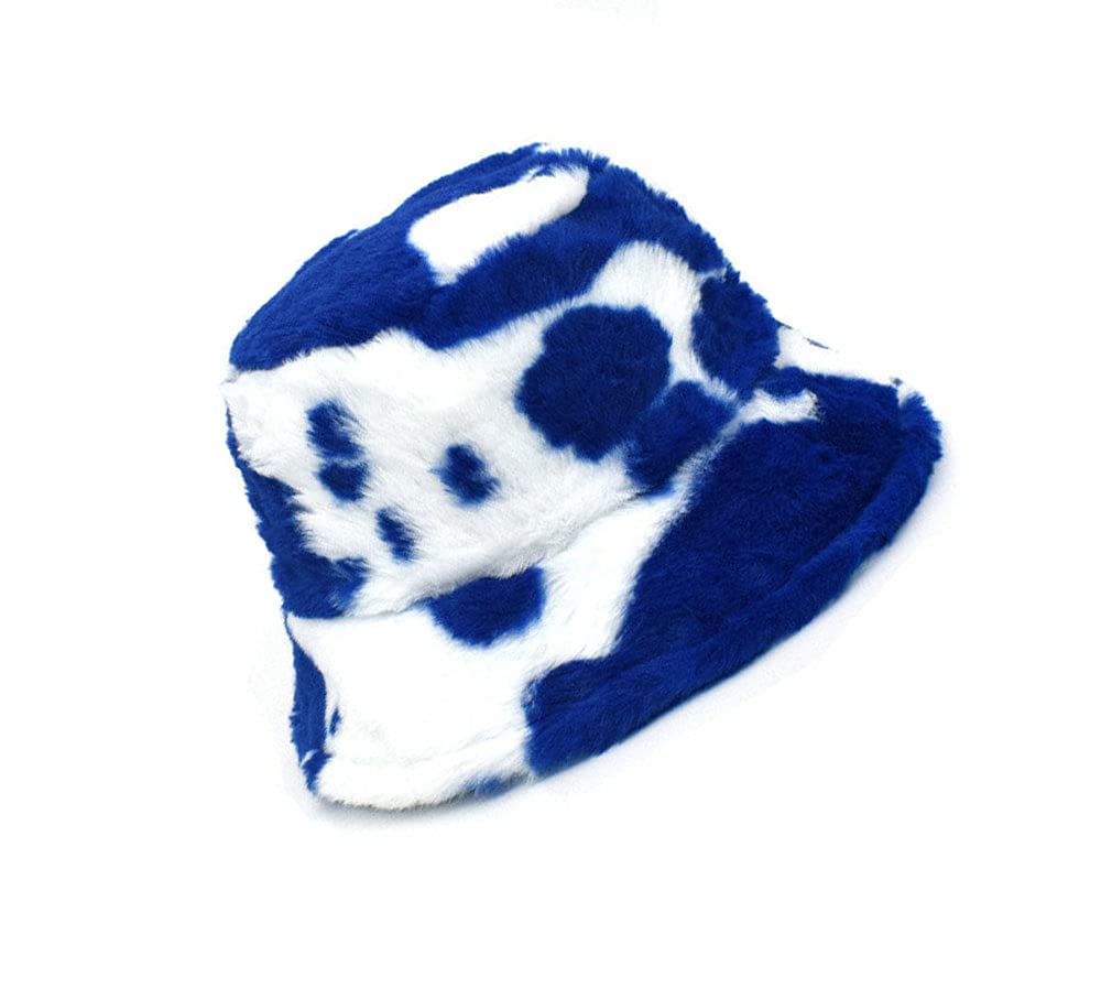 Kgm Unisex Cow Print Blue Stylish New Soft Fleecy Faux Fur Bucket Hat - Festival Summer Winter Hats (Cow Print Blue)