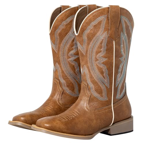 SheSole Women's Extra Wide Calf Cowboy Boots Square Toe - Western Cowgirl Boots for Thick Calves, Plus Size with Hidden Elastic, Removable Latex Insole & Embroidery (Brown, X-Wide,US Size 9)