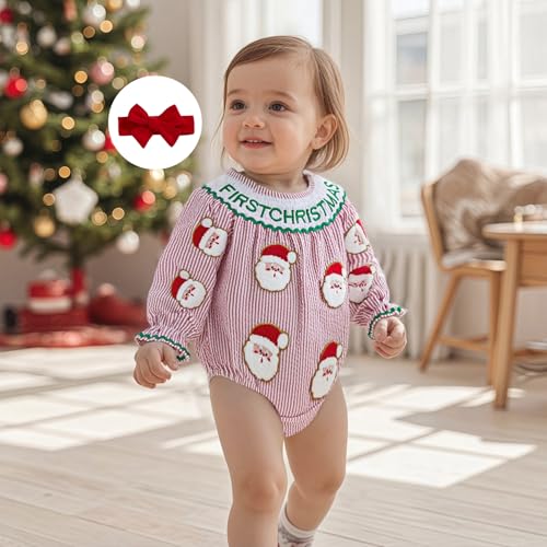 My First Christmas Baby Girl Outfit Santa Cute Claus Long Sleeve Crew Neck Striped Newborn Romper With Headband3