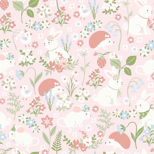 VaryStyle Fairy Animal Floral Wallpaper Pink/Green/Cream Cute Girly Floral Peel and Stick Wallpaper for Girls Bedroom Nursery Removable Animal Print Pink Contact Paper for Kids Room Cabinet 17.7"x118"