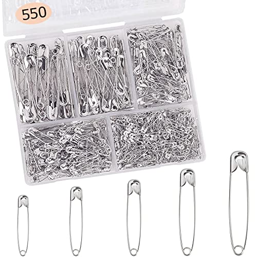 Premify Safety Pins for Clothes 550Pcs Premium Safety Pins For Scarf Hijab Headscarf Brooches Pins 5 Sizes Durable Rust-Resistant Pin Set with Storage Box DIY Craft Clothing Sewing Dressmaking