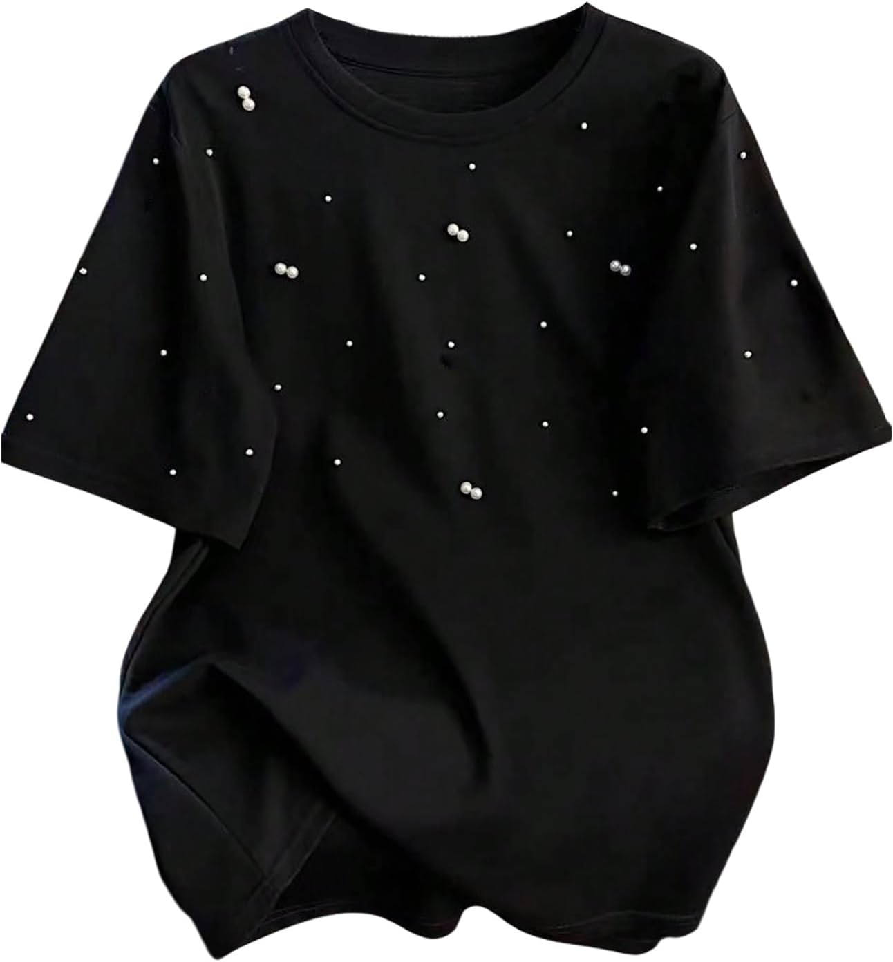 SweatyRocks Women's Plus Size Short Sleeve Pearl T Shirts Crew Neck Dressy Casual Tee Shirt