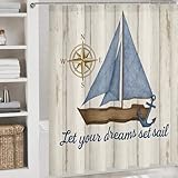 Treeswift Nautical Bathroom Set Sailboat Shower Curtain with Rugs Toilet Lid Cover Let Your Dreams Set Sail Quote Wood Background Includes 12 Hooks Coastal Marine Decor (1pc Shower Curtain)