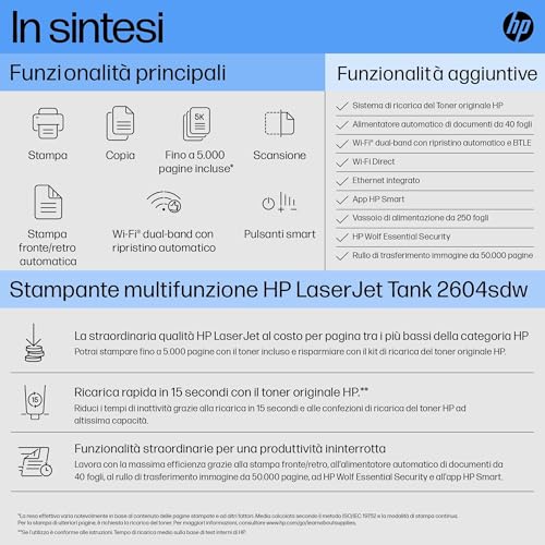 Hp Laser Tank 2604Sdw 381V1A, Stampante Monocromatica Multifunzione Con Serbatoio Toner Integrato A Ricarica Rapida, Stampa F/R Automatica, 22 Ppm, Fino A 5000 Pagine, Scansione, Wi-Fi, Usb, Bianca - 3