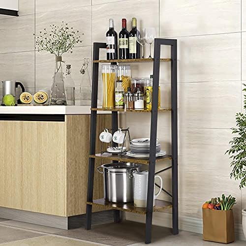 Yaheetech Ladder Shelf, 4-Tier Stable Storage Rack, Industrial Bookcase with Metal Frame for Living Room/Bedroom/Kitchen/Study, Rustic Brown