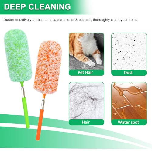 Image of 2 Pack Extendable Microfiber Feather Duster, Electrostatic Microfiber Head, Up to 30 Inch Extension Pole, Car Duster, Telescoping Feather Dusters for Cleaning