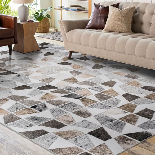 DECOMALL Coronado Teppich, 2,4 x 3 m, moderner geometrischer Kunstleder-Patchwork-Teppich, maschinenwaschbar, rutschfest, für Wohnzimmer, Schlafzimmer, Esszimmer, 2,4 x 3 m, mehrfarbig
