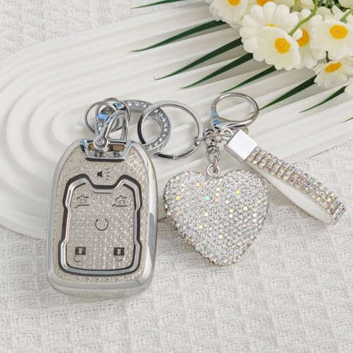 Nomiyo Key Fob Cover with Diamond, Compatible with GMC Yukon Chevy Suburban Tahoe 2015-2020 etc, Sparkling TPU Key Case and Elegant Heart Decoration for Women (6 Button, Silver) by Nomiyo - Used condition - Image 4
