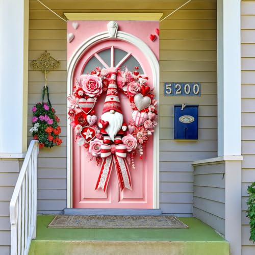 Image of Pink Rose Heart Gnome Door Cover Red Ring Banner 35x71in