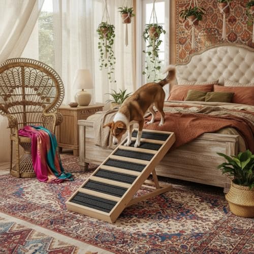 Adjustable Wooden Dog Ramp for Bed and Couch - 39' Folding Pet Ramp with 4 Heights and Non-Slip Safety Rails for 132lbs Small, Medium, and Senior Dogs