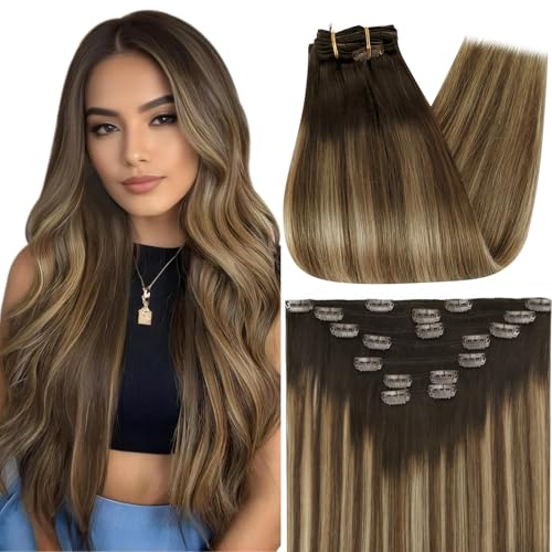 Image of Full Shine Human Hair Clip in Extensions, 20 Inch, Balayage | Dark Brown to Caramel Blonde, Human Hair Extensions Clip ins, for Women, 7 Pcs 120g