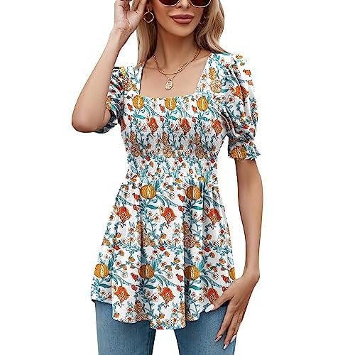 LOMON Women's Tunics Square Neck Puff Short Sleeve Smocked Top Ladies Peplum Blouse Tee Shirts 2025 Spring Summer S-XL Black & Pink Floral Short Sleeve Shirts Small