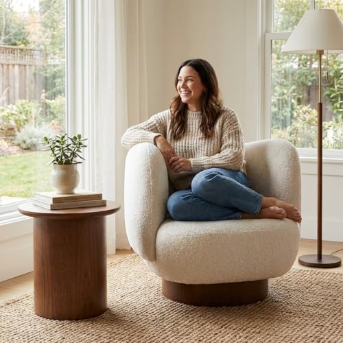 Image of Kingsman Furnitures Nova Swivel Accent Arm Chair for Home | Bedroom, Living, Dining & Drawing Room | Ultra Soft and Comfortable (Off-White Pax Boucle)