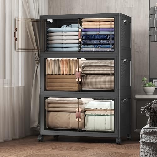 Image of UAMFURI Stackable Storage Bins with Lids, 504QT Closet Organizers and Storage Cabinet with Doors & Wheels, Lockable Plastic Foldable Drawers for Bedroom Dorm Office Garage(168QT*3,Black)