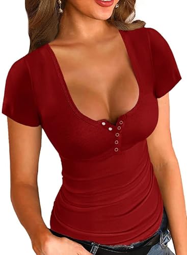 Dokotoo Womens Ladies Summer Basic Ribbed Button Down Low Cut Scoop Neck Solid Color Tight Slimming Fitted Short Sleeve Sports Workout T Shirts For Women Activewear Plain Tee Tops Red L #TOP16