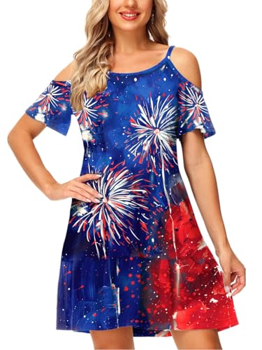 Image of Deerose Womens 4th of July Dresses Cold Shoulder American Flag Tie Dye A-Line Dress with Pockets