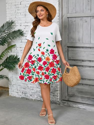 Image of AusLook Plus Size Midi Dress for Women Casual Summer Short Sleeve A Line Swing Dress with Pocket Round Neck Flowy Dress 1X-5X