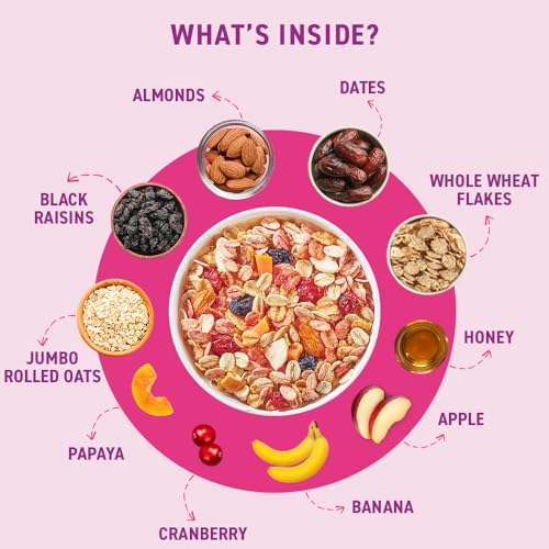 Image of Bagrry's Crunchy Fruit & Nut Muesli With 30% Fruits & Nuts - 1kg Jar | 38% Fibre Rich Non GMO Oats | 16 Real & Freeze Dried Fruits & Nuts Muesli | Breakfast Cereal | Protein & Fibre Rich | No Added Preservatives