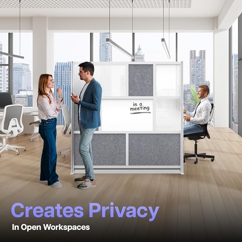 Image of Room Divider for Office Privacy - Modular Freestanding Partition with Whiteboard, PET Acoustic Panel, and Frosted Acrylic, Workflow Multi-Functional Wall, Gray Frame, Easy Assembly (70 inch x 70 inch)