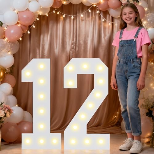 Image of Pooqla 2.4FT Light Up Numbers for 12 Year Old Boy Girl Gifts, Marquee Numbers 2.4 Feet Tall Party Decor for Her Him, Mosaic Big Sign for 12th Birthday Decoration Backdrop, Warm White Large Number 12