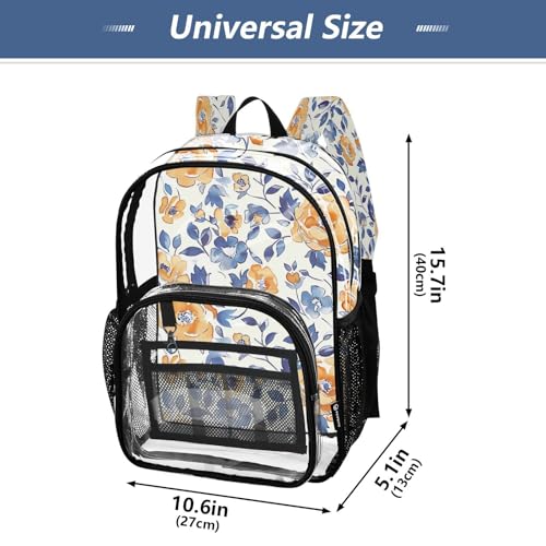 Orange White Floral Clear Backpack, Heavy Duty PVC Transparent Backpack, Multiple Pockets See Through Backpacks for Work, College, Travel4