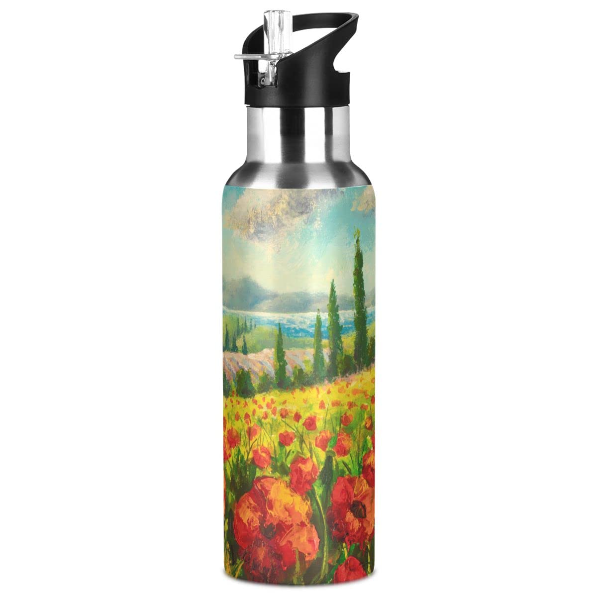 Edelstahl Wasserflasche mit Strohhalm, rote Mohnblumen isolierte Trinkflasche Sport Wasserflasche für Kinder Erwachsene, auslaufsicher, 1L
