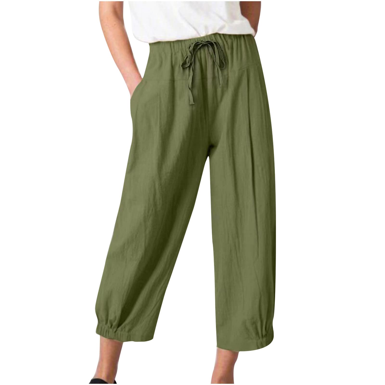 TANGNADE Women Summer Linen Pants Travel Beach Pants with Pockets Vacation Drawstring Pants Clothing Fashion Trendy