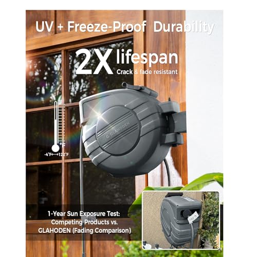 GLAHODEN Retractable Garden Hose Reel 1/2 in x 65 ft, 2025 Upgraded Dual Ratchet Lock UV & Freeze Protection Brass Seal Slow Retraction Anti-Tangle Hose 180°Swivel Reinforced Scaffold Wall Mount by glahoden - Image 2