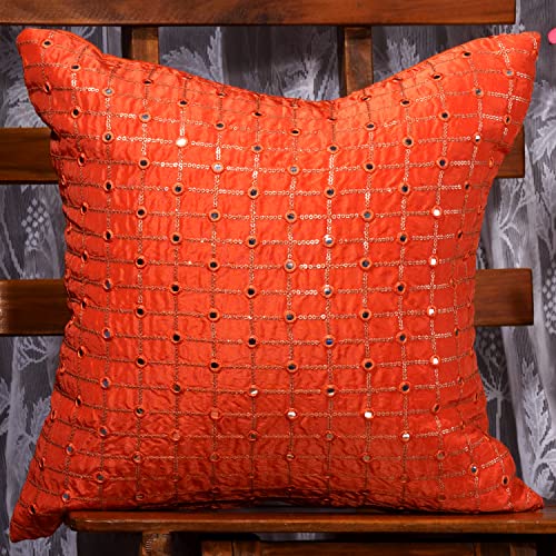 Image of Orange Embroidered 20x20 Cushion Cover Set of 2, Couch Pillow Cover with Mirror Embroidery