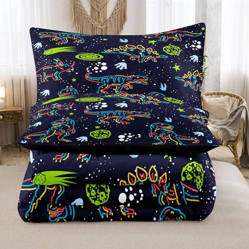 Image of NINENINE Dark Blue Dinosaur Bedding Sets for Kids Boys,Retro Dinosaur Bedding Comforter,Full Size Bedding Sets for Boys Kids, with 1 Comforter 2 Pillowcases