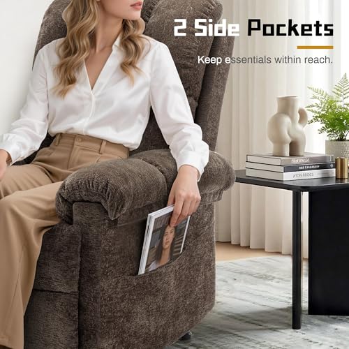 Image of Korser Recliner Chair, Living Room Recliner Chairs for Adults, Small Recliners for Small Spaces, Upholstered Manual Recliner with Side Pockets, Comfy Nursery Chair for Living Room, Chenille, Brown