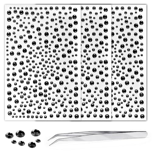 975Pcs Face Gems Hair Gems, Self-Adhesive Face Jewels Eye Jewels Rhinestones 3/4/5/6 mm DIY Face Gems Stick on, Hair Body Rhinestones Gems Crystals Pearls for Face Makeup, Crafts (gem_Black)