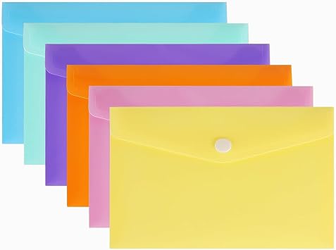 MultiBey A5 Plastic Envelopes with Snap Closure, 6 Pack | 6 Colors Small Clear Poly Folders for Receipts, Stickers, Planners & Photos, Waterproof Document Organizers