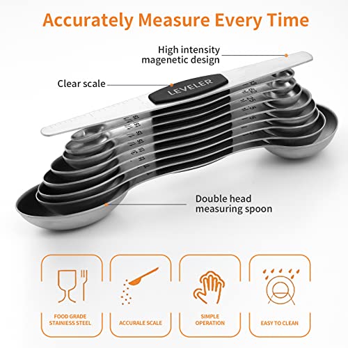 Tibroni Magnetic Measuring Spoons Set, 9 Pieces Stainless Steel 18/8 Teaspoon Measuring Spoons Set Stackable Fits In Spice Jars Or Liquid #TOP5