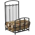 Firewood Rack with Fireplace Tools, Indoor Outdoor Firewood Holder for Fireplace, Wood Stove, Hearth or Fire Pit, Wood Storage Log Rack Includes Poker, Tongs, Broom, Shovel, Black