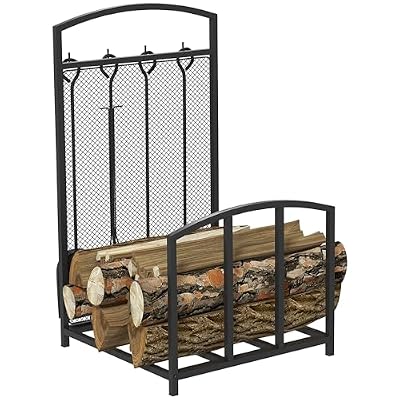 Firewood Rack with Fireplace Tools, Indoor Outdoor Firewood Holder for Fireplace, Wood Stove, Hearth or Fire Pit, Wood Storage Log Rack Includes Poker, Tongs, Broom, Shovel, Black
